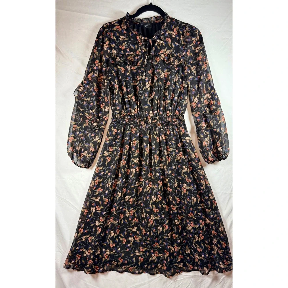 Dress Forum Floral Midi Dress Black Pink Blue Smocked Waist Ruffle sz S wedding‎